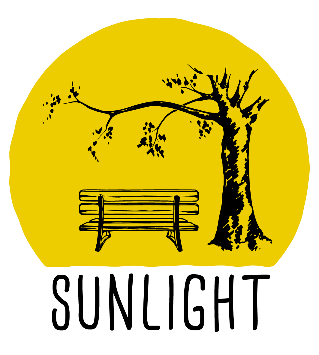 The Sunlight logo, a bench under a tree in stylized black ink, cast against a large yellow sun, with the text Sunlight underneath